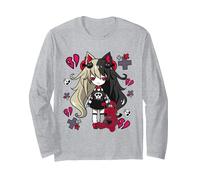 Chibi Kawaii EMO Chica Gótica Pastel con Conejo Triste Manga Larga, Unisex para Adultos, Gris Jaspeado, XXL