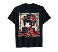 Chibi Kimono Niña Gato Negro Flores Arte Japonés Mujeres Niños Camiseta