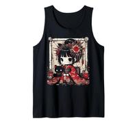 Chibi Kimono Niña Gato Negro Flores Arte Japonés Mujeres Niños Camiseta sin Mangas