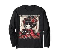 Chibi Kimono Niña Gato Negro Flores Arte Japonés Mujeres Niños Manga Larga