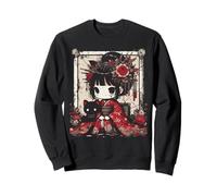 Chibi Kimono Niña Gato Negro Flores Arte Japonés Mujeres Niños Sudadera