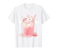 Chibi Kitty flotando en Leche de Fresa Kawaii Lindo Arte Camiseta gráfica económica, Hombre, Blanco, M
