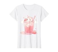 Chibi Kitty flotando en Leche de Fresa Kawaii Lindo Arte Camiseta gráfica económica, Mujer, Blanco, XS