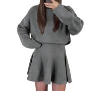 Chic Cinched-Waist A-Line Mini Dress, Cozy Knit High-Neck Dress, Mock Neck Sweater Ruffle Hem 2 Piece Set Dresses (Grey,XXL)