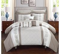 Chic Home 10 Piezas Clayton Pin Tuck Pieced Bloque Bordado Juego de Cama en una Bolsa edredón con Juego de sábanas, Reina, Color Beige