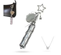 Chic Lip Gloss Holder with Heart Mirror, 2 in 1 Stainless Steel Lipstick Holder, Small Bling Crystal Lipsticks Storage Bag Key Chain, Fashion Purse Accessories Gifts (Star,1Pc)