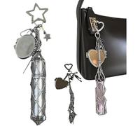Chic Lip Gloss Holder with Mirror,2 in 1 Lipstick Holder Keychain,Small Bling Crystal Lipsticks Storage Bag Key Chain,Stainless Steel Mesh Bag Keychain Pendant (Five-Pointed Heart)