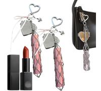 Chic Lip Gloss Holder with Mirror, 2 In 1 Lipstick Holders Chiclip Lip Gloss Holder with Mirror, Metal Mesh Lipstick Holder, Stainless Steel Mesh Bag Keychain Pendant(2Pcs Love Model)