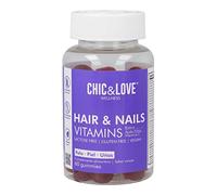 CHIC & LOVE | Gominolas para Cabello y Uñas para Mujer | Vitaminas A, D, E, C, B5, B6, B12, Biotina 5.000 mcg, Ácido Fólico YODO | SIN Gluten, SIN Lactosa, Veganas | Frambuesa | 60 Gominolas, 2 Meses