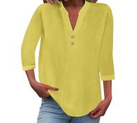 Chic Y Elegante Camisas de Algodón Y Lino Cuello en V para Mujer Blusas Y Blusas Mujer Manga Laminada Blusa Lino holgada Túnica Botones Color Liso Superior Básico Versátil Camiseta Verano Chic, 3