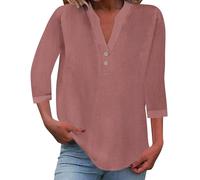 Chic Y Elegante Camisas de Algodón Y Lino Cuello en V para Mujer Blusas Y Blusas Mujer Manga Laminada Blusa Lino holgada Túnica Botones Color Liso Superior Básico Versátil Camiseta Verano Chic, 3-rosa