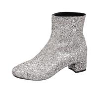Chica 37 Sin estilo británico Color sólido Decoración de lentejuelas Tacón grueso Cremallera lateral Botas cortas Zapatos blancos Mujer 38, plata, 42 EU