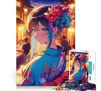 Chica anime con kimono en una calle de Tokio Rompecabezas para adolescentes 1000 piezas Juego para estimular la mente Ensamblaje firme y seguro Actividad para fortalecer los lazos familiares (38x26cm)