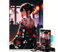 Chica Anime en Kimono con Tatuajes Rompecabezas para Adultos de 1000 Piezas Juego Mental Divertido Tecnología Avanzada de Corte láser Un desafío entretenido para Pasar el Tiempo (38x26cm)