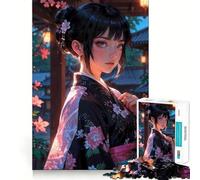Chica anime en kimono ︰ Encantador rompecabezas de doncella Sakura 1000 piezas Entrenamiento mental Diversión Corte limpio Componentes resistentes Entretenimiento cautivador para interiores acogedores