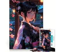 Chica Anime en Kimono︰ Encantador Rompecabezas Sakura Maiden para Adolescentes 1000 Piezas Mejora la Mente Juego Tamaño Uniforme Piezas precisas Diversión Familiar Actividad Nocturna (50x75cm)
