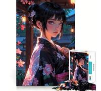 Chica Anime en Kimono︰ Encantador Rompecabezas Sakura Maiden para Adultos 1000 Piezas Juego de concentración Mental Corte de precisión Bordes Suaves Desafío Divertido para el Tiempo de Espera