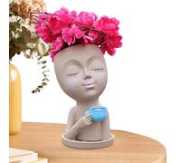 Chica bebiendo plantador de café,Jardinera cara bebiendo café | Maceta de resina para plantas de interior con orificio de drenaje, decoración de ventanas