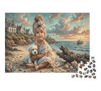 Chica con cachorroRompecabezas DIY 1000 Piezas Cartón Playa de Arena Dorada Mejora De La Memoria Anzianos, Actividad Indoor, Familia 38x26cm/1000pcs