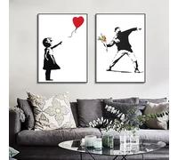 Chica con globo rojo Banksy Graffiti Art Canvas Painting Black and White Wall Art Poster for Living Room Home Decor Picture (30x42cm/Sin marco)