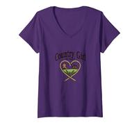 Chica De Campo En Corazón Rústico Granja Camiseta Cuello V, Mujer, Morado, L