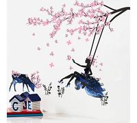 Chica en Árbol Swing y Silueta de Alces Pegatinas de Pared con Mariposas Rosadas Decorativo Extraíble DIY Vinilo Pared Calcomanías para Sala de Estar, Dormitorio Mural