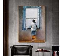 Chica en la ventana pintura lienzo impresión cartel Salvador Dali arte de la pared mujer mar azul imagen para sala de estar decoración del hogar 27.6x39.4 in sin marco