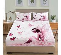 Chica Mariposa de FantasíA Suave Transpirable Juego de Sábana Ajustable 150x190 cm Hipoalergénica Juego de Ropa de Cama, Rosa Cómoda Cama de Matrimonio 3 Piezas Sábana Ajustable