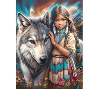 Chica Nativa Americana con un Lobo en un Bosque Mágico Puzzle 500 Piezas Cartón Blanco Premium Para Coleccionistas Mascota de Vida Silvestre Cute Desarrollo Cognitivo Ocio Tranquilo Casa Compatible Ma