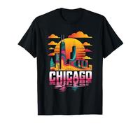 Chicago City Skyline Retro Sunset Illinois - Recuerdo de Viaje Camiseta
