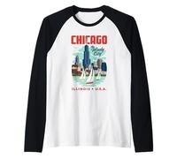 Chicago Horizonte El Viento Ciudad Lago Michigan Vela Retro Camiseta Manga Raglan