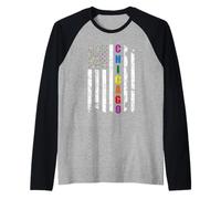 Chicago Illinois LGBTQ Gay Pride Month American Flag Rainbow Camiseta Manga Raglan