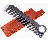 Chicago Peine Modelo 1 Peine de fibra de carbono + funda de piel de Horween marrón inglés, fabricado en Estados Unidos, bolsillo y peine de viaje, ultra suave, fuerte y ligero, antiestático, funda de cuero americano premium