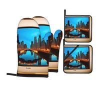 Chicago Reflected Print - Juego de 4 guantes de cocina para horno y microondas para cocinar en las festividades