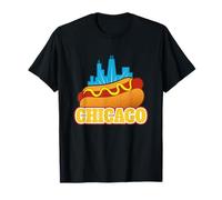 Chicago Style Hot Dog Y City Skyline Retro Gráfico De Dibujos Animados Camiseta