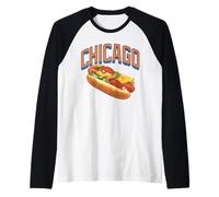 Chicago Style Hot Dogs Midwest Foodie Orange and Blue Text Camiseta Manga Raglan