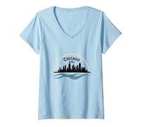 Chicago Vibes Skyline Lake Michigan Urban Pride Camiseta Cuello V, Mujer, Azul Bebé, M