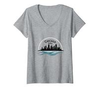 Chicago Vibes Skyline Lake Michigan Urban Pride Camiseta Cuello V, Mujer, Gris Jaspeado, M