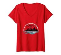 Chicago Vibes Skyline Lake Michigan Urban Pride Camiseta Cuello V, Mujer, Rojo, M