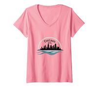 Chicago Vibes Skyline Lake Michigan Urban Pride Camiseta Cuello V, Mujer, Rosado, M