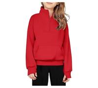 Chicas de manga larga Tops Vestidos Casual Chicos Niñas Sólido Color Media Cremallera Sudadera Fleece Thumbhole Camisas para Niñas Oficina Moda, rojo, 13-14 Años