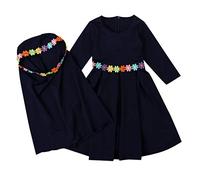 Chicas Musulmanes Largas Hijab Mangas Bebé Largo Islámico con Abaya Bordado Niñas Ropa y Falda, azul oscuro, 2-3 años