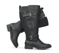 Chicblooms Botas altas de montar para mujer, de caña extra ancha, tacón bajo, correa al tobillo, diseño elegante y hasta la rodilla, PU negro, EU40.5