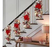 ChicBosomn Decoración de corona de escalera de Navidad con cadena de luces, guirnalda de escalera de Navidad para escaleras, chimenea, decoraciones de Navidad (rojo)