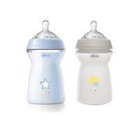 Chicco Biberón Anticolico Natural Feeling, Biberones Anticolicos Bebé 6 Meses+, Biberón Bebé 330 ml de Silicona, Flujo Rápido, Pack 2 Unidades, Azul y Neutro