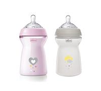 Chicco Biberón Anticolico Natural Feeling, Biberones Anticolicos Bebé 6 Meses+, Biberón Bebé 330 ml de Silicona, Flujo Rápido, Pack 2 Unidades, Rosa y Neutro
