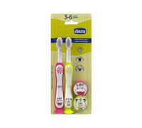 Chicco Set 2 Cepillos de Dientes para Niños con Ventosa, Cabezal Redondeado, Cerdas Suaves para Encías y Dientes, Mango Ancho Antideslizante, Cubiertas Cerdas Incluidas, 3-6 Años, 2 Piezas, Niña