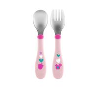 Chicco - Cubiertos de acero inoxidable, cubiertos para niños, juego de hervidas, tenedor y cuchara para niños, de acero inoxidable, fácil de llevar, juego de destetar primera comida, 2 piezas, 18 m