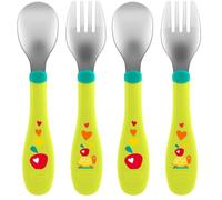 Chicco Cubiertos de Acero Inoxidable 18M+, para Bebé, Set de Comida para Niños Pequeños, Cuchara y Tenedor, Acero Inoxidable, Agarre Fácil, con Estampados, Set de Comida para Bebé, 2 Uds