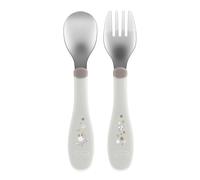 Chicco Cubiertos Inoxidables para Niños, Set de Comida, Tenedor y Cuchara, Acero Inoxidable, Fácil de Agarrar, Set Destete Primera Papilla, 2 Piezas, 18M+, Gris